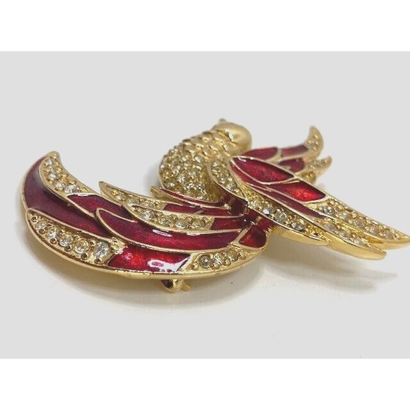 Vintage GIORGIO signed Red Enamel / Crystals Gold Tone Song Bird Brooch Pin - Picture 2 of 6
